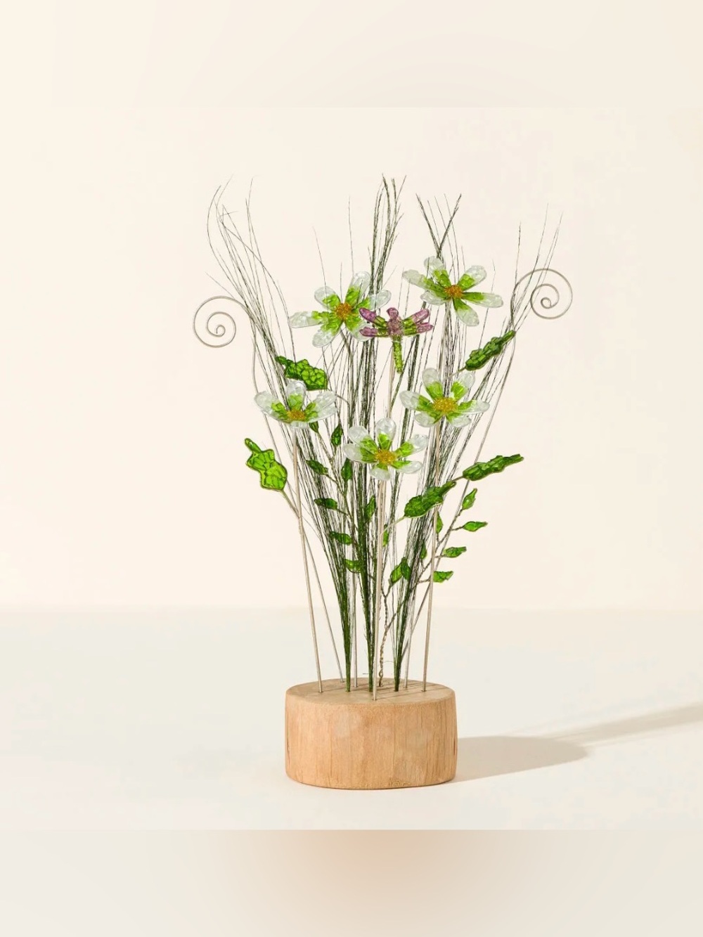 Glass Floral Stem Arrangement with Green Accents on Wood Base
